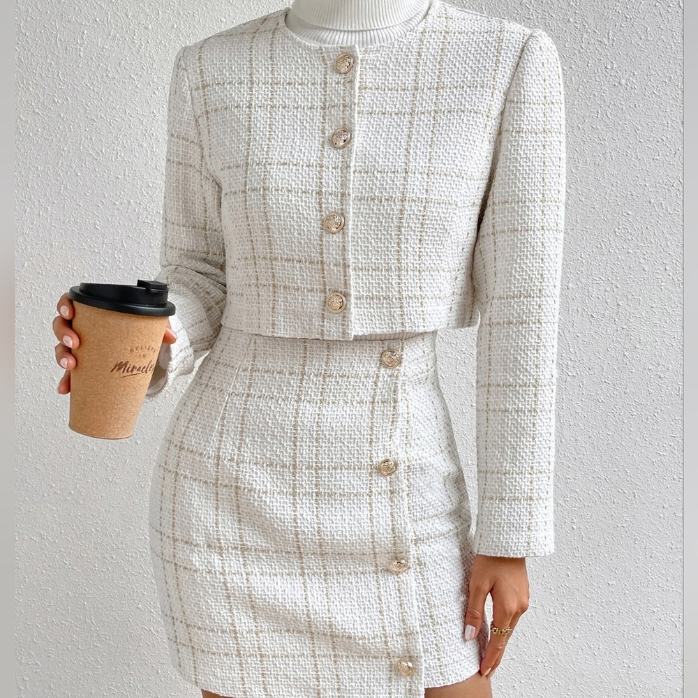 Plaid Print Crop Jacket & Button Front Skirt - Picture 3 of 4